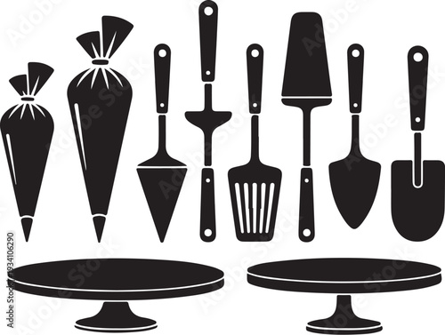 Black silhouette baking tools and cake stands