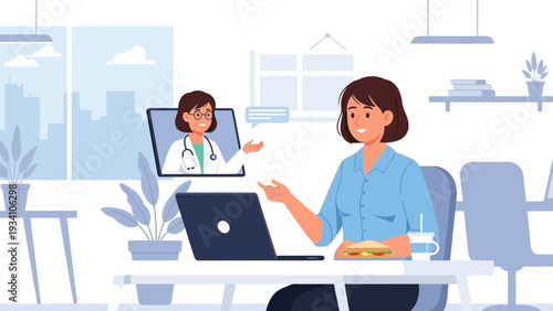 Woman consulting doctor online on laptop in modern office setting with city view
