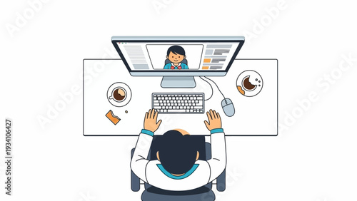 A man working on a computer with a coffee cup and pencil nearby in a home office setup