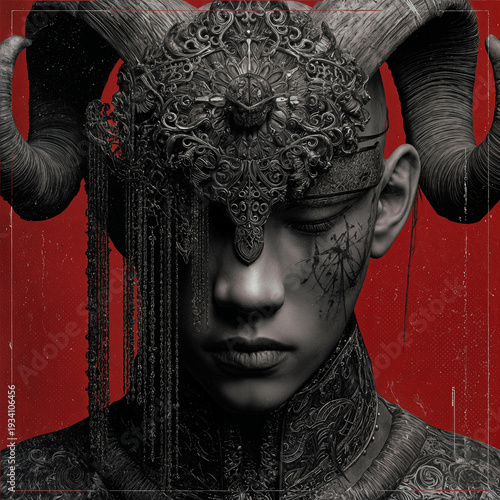 Intricate Horned Headpiece Portrait - Artistic Expression and Cultural Fusion in Ornate