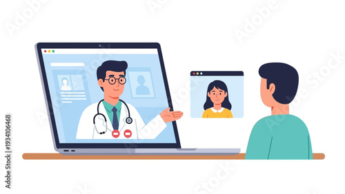 A patient having an online consultation with a doctor on a laptop in a clinical setting viewed from behind