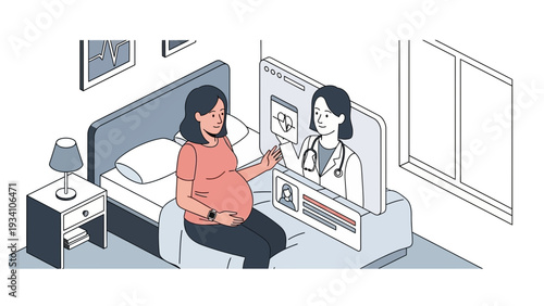 Pregnant woman having a video call with doctor in bedroom, sitting on bed, having a consultation