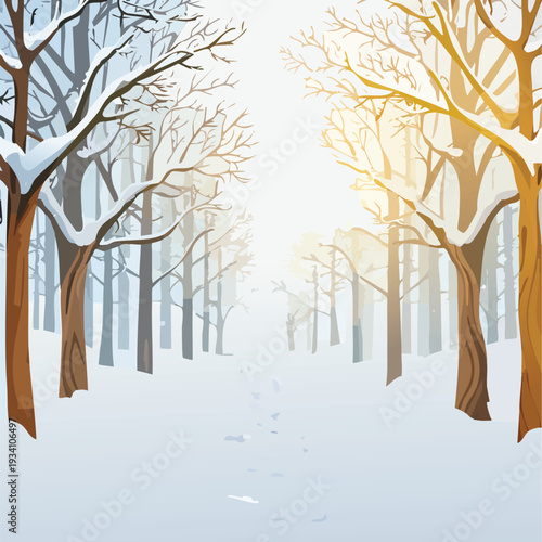 Snowy forest scene with bare trees under bright sunlight