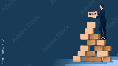 Wallpaper Mural market uncertainty, business risk concept, financial instability, Managing Uncertainty in Business - Businessperson Pulling "RISK" Block from Financial Jenga Tower Metaphor Torontodigital.ca