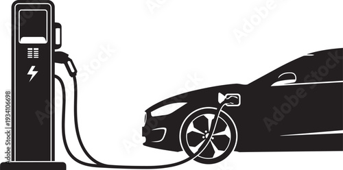Electric car charging at station with power cable renewable energy transportation concept sustainable vehicle technology eco friendly mobility.