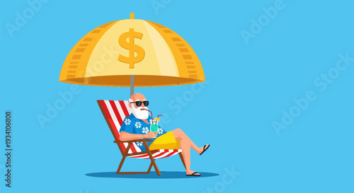 Senior Man Relaxing in Beach Chair with Dollar Sign Umbrella Vector