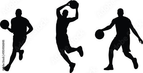 Basketball player silhouettes, slam dunk action, dribbling motion, dynamic sports illustration, athletic energy, competitive game, black silhouettes, white background design