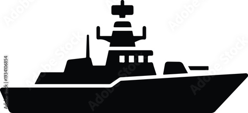 A black stylized naval vessel is depicted It has a tall mast a tiered superstructure and a slanted hull
