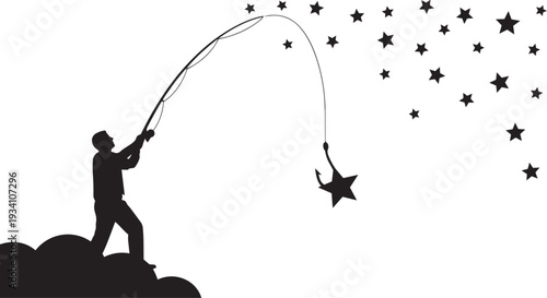 Man fishing star from night sky symbolizing ambition goals dreams opportunity success hope aspiration imagination achievement motivation concept.