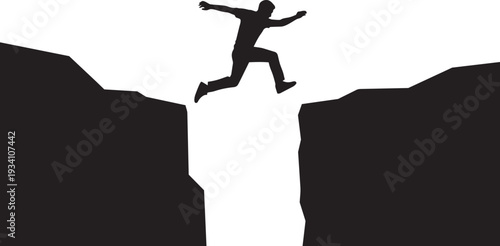 Businessman jumping across cliff gap silhouette representing risk taking courage challenge opportunity determination success and overcoming obstacles concept.