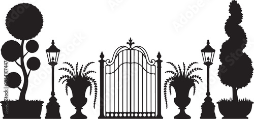 Black silhouette garden gate with plants and lamps