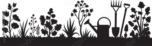 Black silhouette garden tools and plants on white background