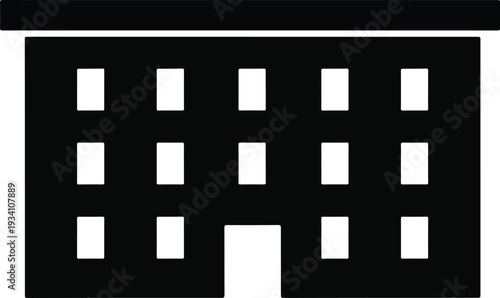 A black twostory building silhouette with windows and a rectangular overhang A doorway is in the bottom center