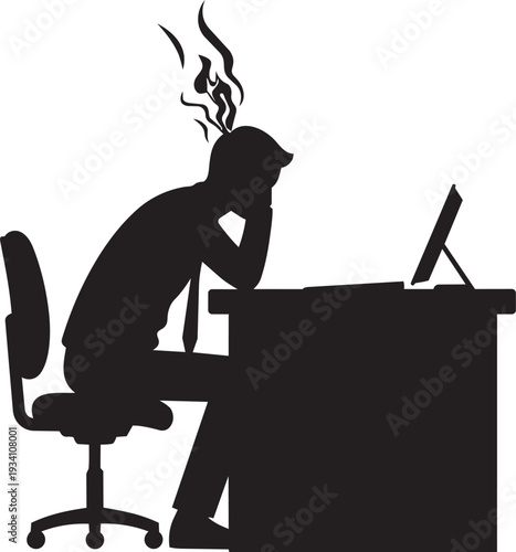 Stressed businessman with burning head sitting at office desk silhouette representing work burnout pressure stress exhaustion and mental fatigue concept.