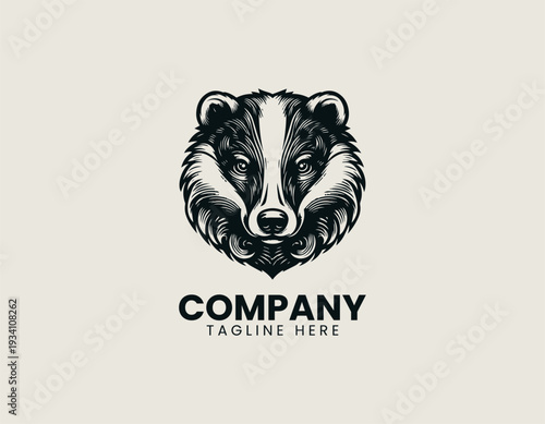 Detailed badger head in symmetrical frontal view is presented as bold monochrome vector logo on clean white background