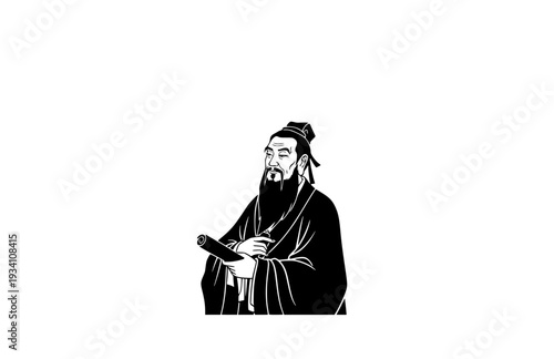 Confucius Chinese Philosopher Silhouette, Eastern Philosophy History Vector Sticker, Ancient Scholar and Teacher Icon