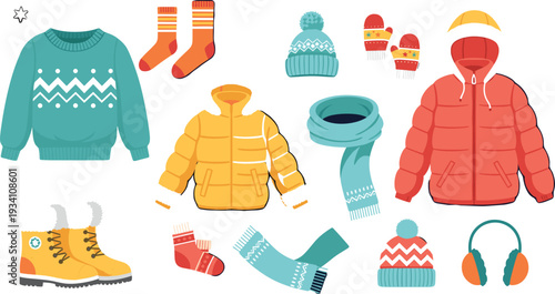 Winter clothing collection flat vector illustration, cozy warm jackets sweaters hats boots scarves socks seasonal apparel set isolated