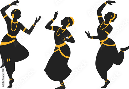 Indian classical dance silhouettes, Bharatanatyam Odissi poses, traditional jewelry, cultural heritage art, expressive dancers, gold highlights, storytelling through movementWeb