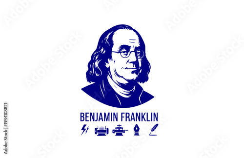 Benjamin Franklin with Kite and Key Silhouette, American History Vector Sticker, Inventor and Founding Father STEM Icon