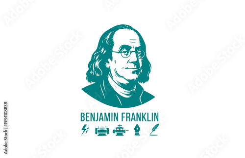 Benjamin Franklin with Kite and Key Silhouette, American History Vector Sticker, Inventor and Founding Father STEM Icon