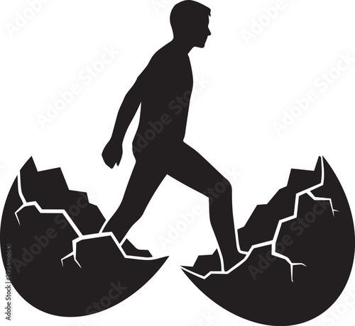 Man walking across cracked earth silhouette symbolizing environmental crisis climate change resilience survival and global warming impact concept.