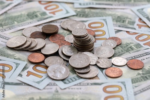 Wallpaper Mural Big amount of United States coins on hundred dollar money bills arranged in chaotic order Torontodigital.ca