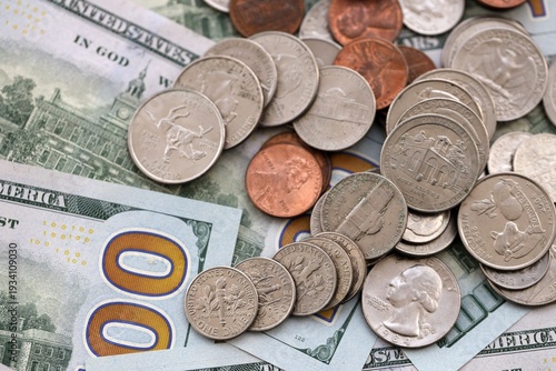 Wallpaper Mural Big amount of United States coins on hundred dollar money bills arranged in chaotic order Torontodigital.ca