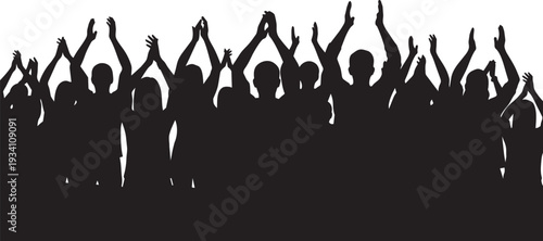 Cheering crowd silhouette with raised hands representing celebration concert audience excitement support unity festival event concept.