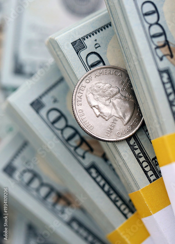 Wallpaper Mural US coin lies among ten thousand dollars packs in stack on big amount of hundred dollar bills Torontodigital.ca