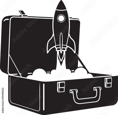 Rocket launching from briefcase silhouette symbolizing start up business growth innovation entrepreneurship success launch investment opportunity concept.