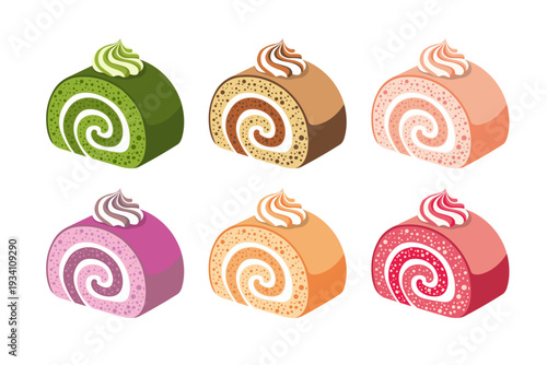 Set of Swiss Roll Cake Slices with Different Flavors and Colors