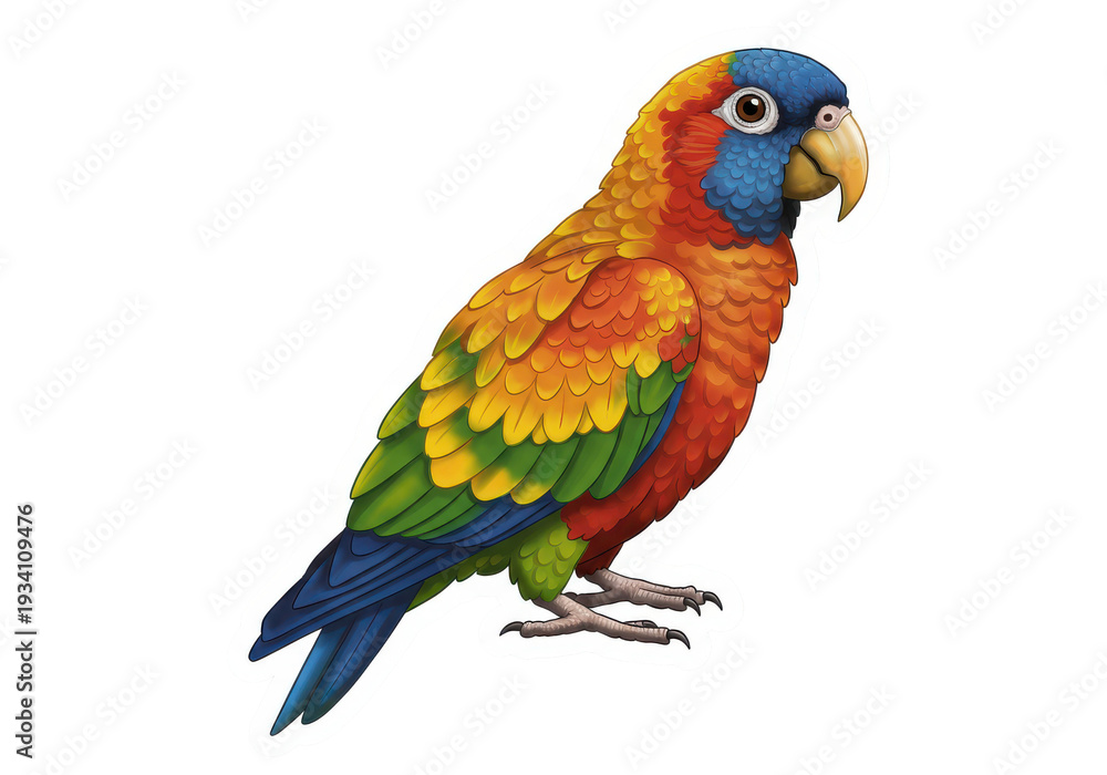 Fototapeta premium Colorful parrot perched on a branch in a vibrant tropical setting with lush foliage isolated on white background