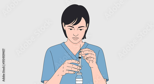 Healthcare professional preparing injection from vial with syringe