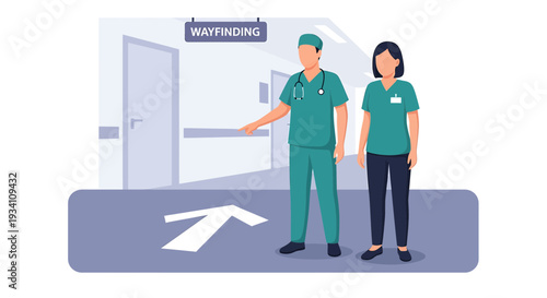 Medical Staff Guiding Patients Down Hospital Corridor with Wayfinding Arrow
