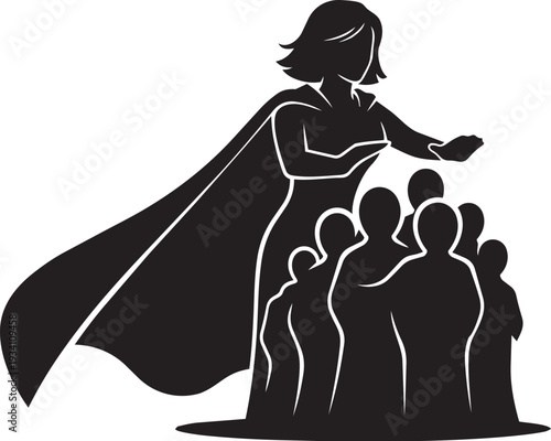 Superhero woman protecting group of people silhouette symbolizing leadership protection support empowerment courage community safety hero concept.