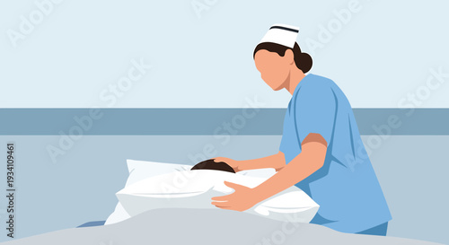 Nurse Adjusting Pillow for Patient in Hospital Bed - Healthcare Illustration