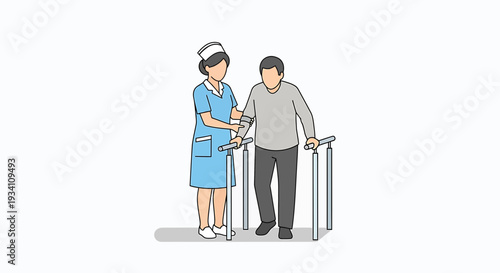 Nurse assisting patient with physiotherapy in parallel bars