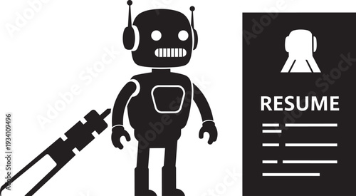 Robot reviewing resume with mechanical pencil silhouette concept representing artificial intelligence recruitment automation hiring technology job screening system.
