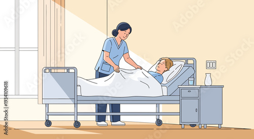Nurse Tucking Patient into Hospital Bed with Gentle Sunlight