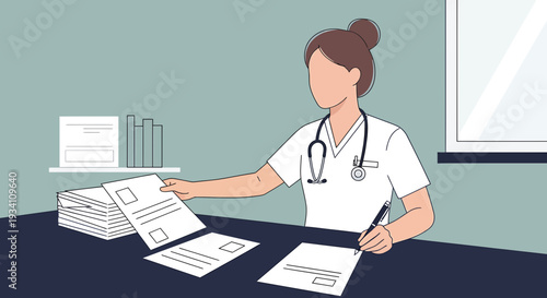 Nurse working at desk with patient records and stethoscope, medical administration concept