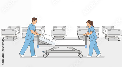 Nurses Moving Hospital Bed in Medical Facility