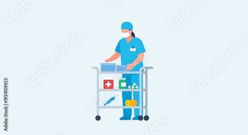 Nurse with Medical Cart Dispensing Medication in Hospital