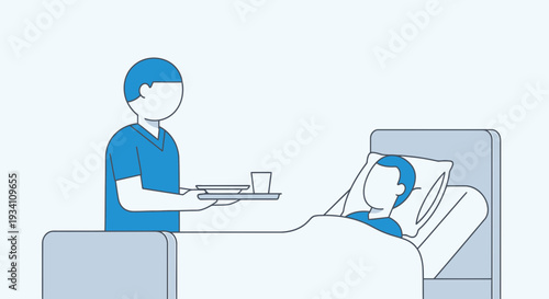 Nurse Serving Meal to Patient in Hospital Bed, Healthcare Illustration