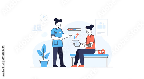 Physical Therapy Session: Patient with Injured Arm and Therapist Using Tablet