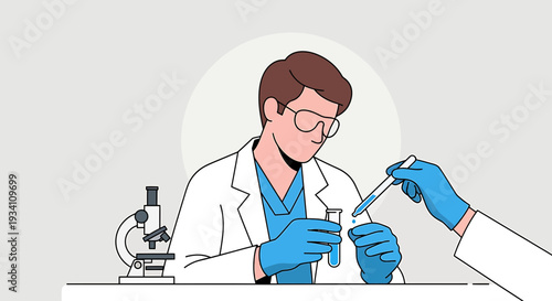 Scientist in Laboratory Conducting Medical Research with Microscope and Test Tubes