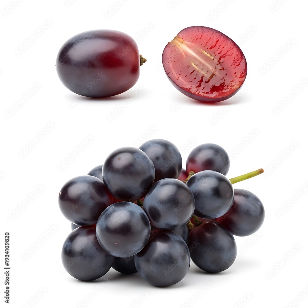 Fototapeta premium Fresh grapes and grape halves on white background for food and nutrition concepts