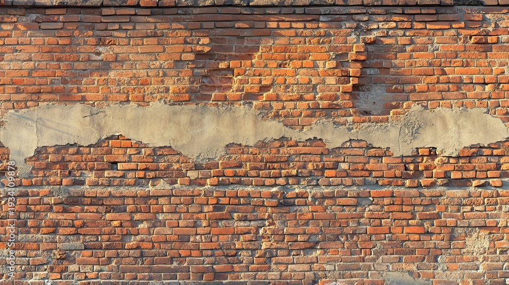 Naklejka premium Distressed Historic Wall with Red Brick Texture and Abandoned Facade of an Old Structure