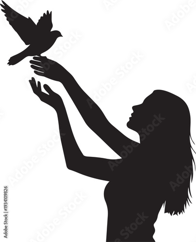 Woman releasing dove silhouette symbolizing peace freedom hope harmony kindness compassion spirituality liberation and positive human values concept.
