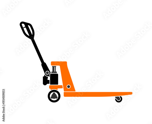 Orange and black hydraulic pallet jack, without background