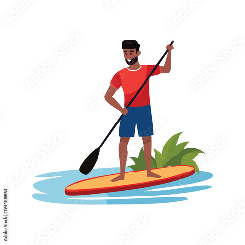 Man paddle boarding on water with greenery illustration